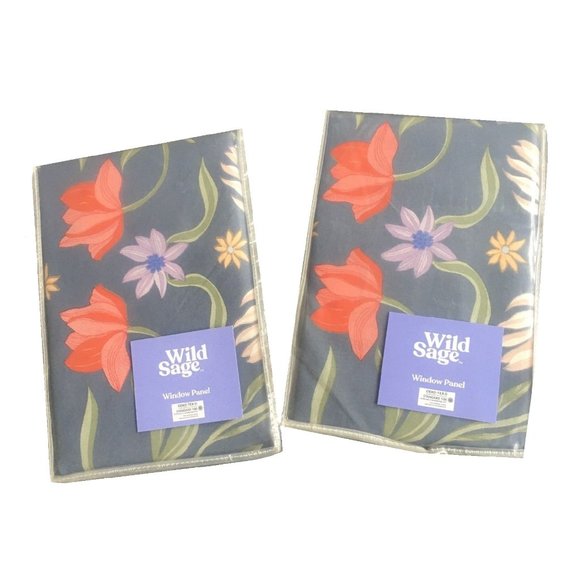 2 NAVY Wild Sage Julianna Floral Rod Pocket Window Curtains each is 95"L x 50"W - Picture 6 of 10